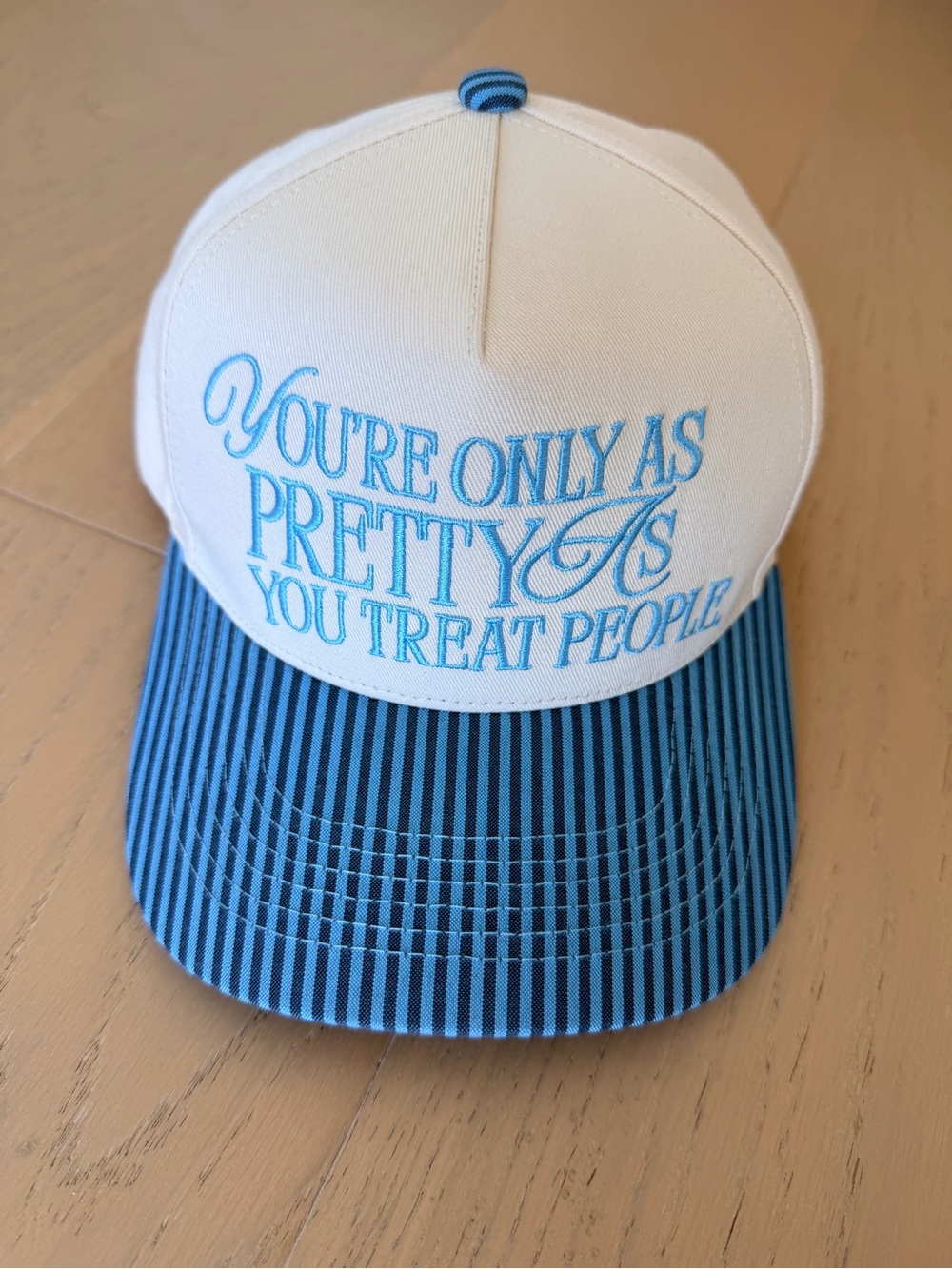 Cream and Blue Striped and Embroidered Hat